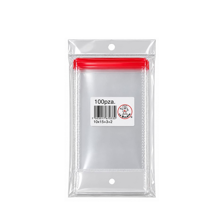 BOLSA CELOFAN COLGADERA 10X15+3+2 100 PZS